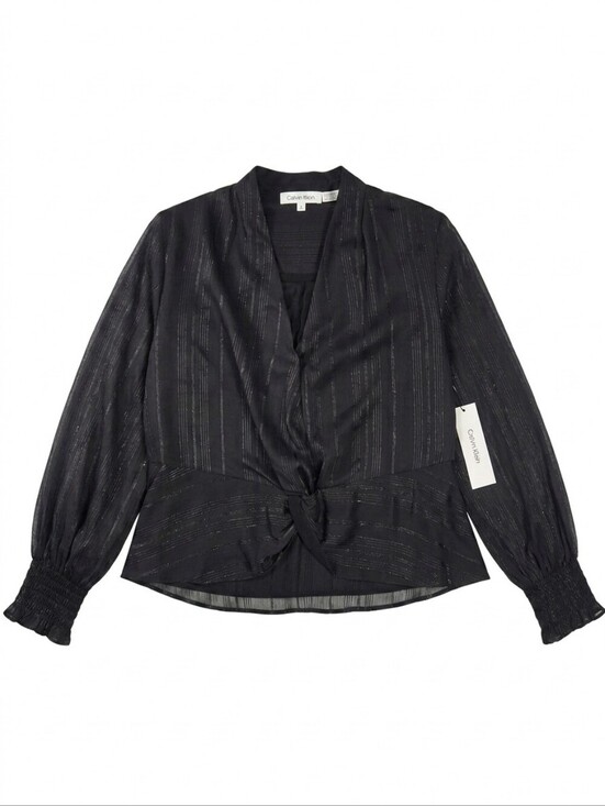 Calvin Klein Tops - NWT Medium Calvin Klein Sheer Black Metallic Stripe V Neck Blouse Smocked Cuff